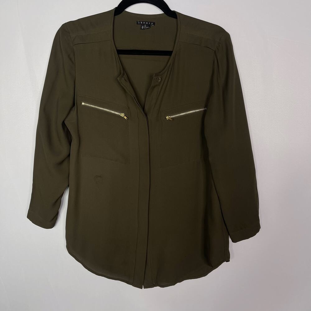 Theory Womens Small S Olive Green Brundia Silk Button Front Blouse Zip Chest Top